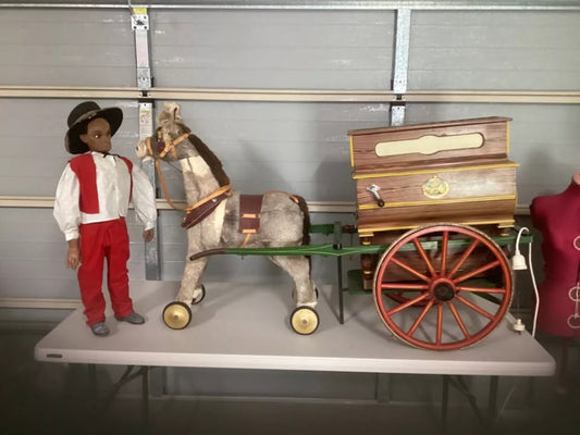 Vintage Faventia Street Organ, Barrel Piano with Wagon, Donkey and Organ Grinder